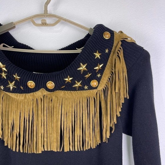 Vintage Suzy T Western Fringe Black Ribbed Star Studded Sweater Women's Medium - Picture 3 of 9